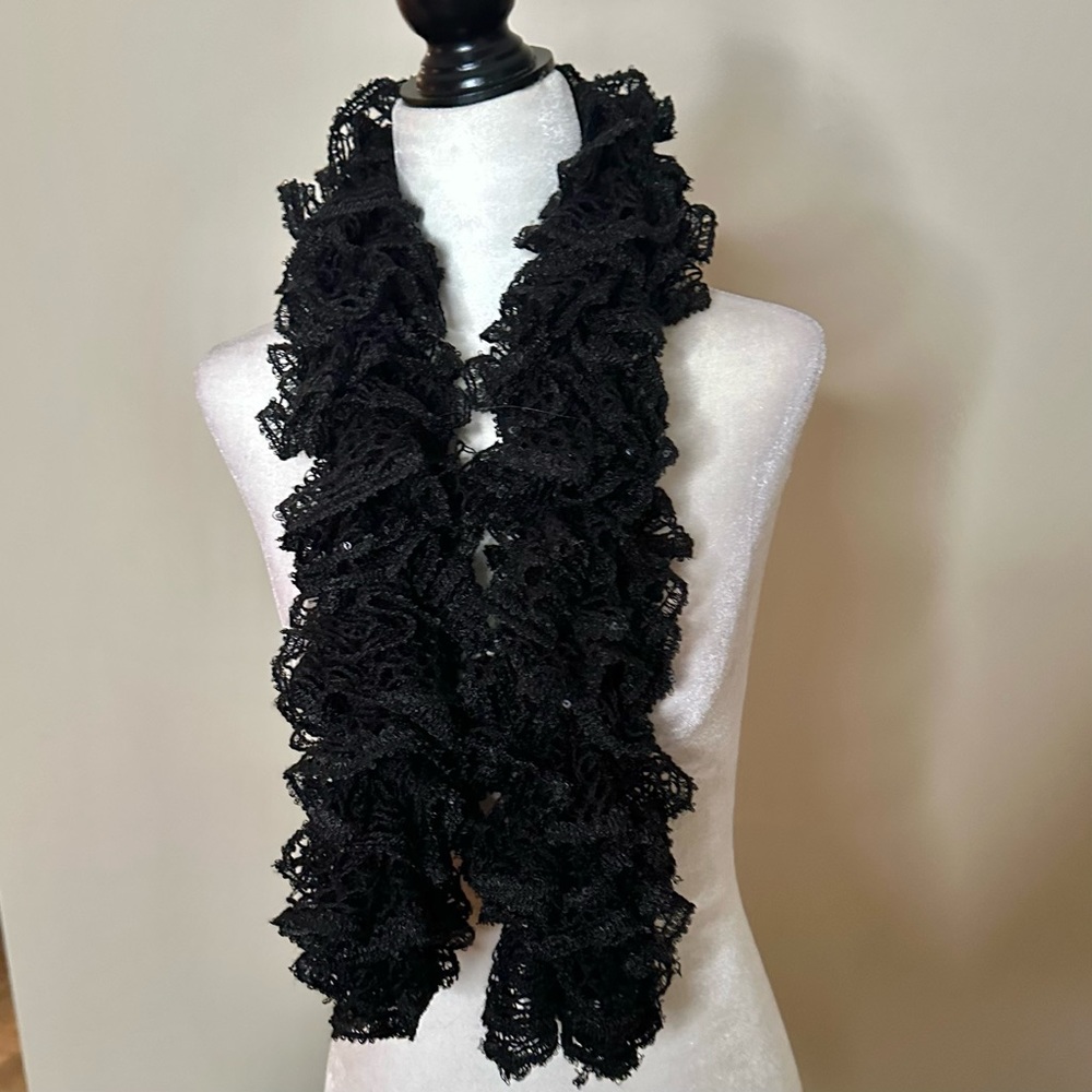 Black Crocheted Ruffle with Black Sequin Scarf
